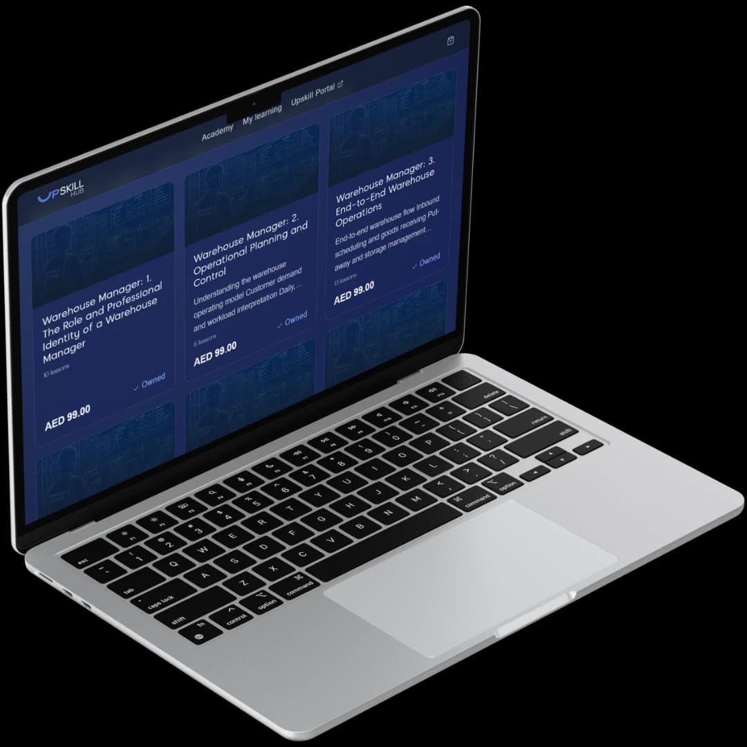 Screenshot of the Upskill Hub course catalogue on a laptop, showing a grid of Warehouse Manager modules with prices and ownership status.